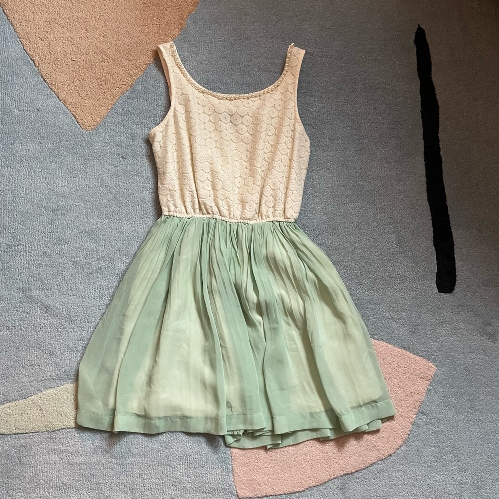 Classy lace and chiffon dress with pearl neckline accents